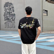 摘星少年ATRY刺繡短袖男女春夏新品美式純棉重工情侶花體連肩花卉短袖t恤 黑色 XL