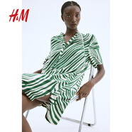H&M女裝無領(lǐng)連衣裙2025夏季新款中式收腰立領(lǐng)碎花度假風(fēng)裙1214786 綠色/奶油色圖案 XL 170/116