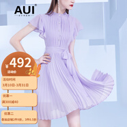 AUI法式溫柔風(fēng)紫色雪紡連衣裙2023女夏新款氣質(zhì)立領(lǐng)荷葉邊百褶裙 紫色 S