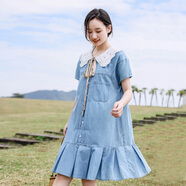 紫洛妮初中生牛仔連衣裙少女2025夏季新品大童洋氣高中學(xué)生純棉薄款裙子 淺藍 XL