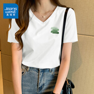 真維斯（JEANSWEST）短袖t恤女夏季2025新款正肩設(shè)計(jì)感小眾半袖上衣女裝純棉V領(lǐng)體恤女 白色 油畫綠_K M