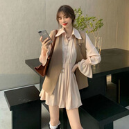 XCFREHT通勤西裝馬甲馬甲+長袖連衣裙甜美時尚小眾學院風炸街兩件套裝裙 卡其馬甲+卡其連衣裙 S  建議100斤內(nèi)