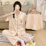 JaetinWsinn帶胸墊冰絲睡衣女士三件套裝夏季天短袖薄款大碼2025年新款家居服 10004#【不帶胸墊】三件套 M (152-158CM 85-105斤)