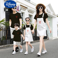 迪士尼（Disney）親子裝夏裝一家三口四口母子炸街洋氣沙灘海邊度假拍照背帶裙套裝 黑色短袖+白色下裝 165 媽媽S