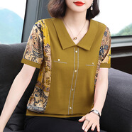 FHHUABD娃娃領(lǐng)短袖T恤女裝2024夏季新款中年媽媽體恤大碼胖mm寬松上衣服 黃色 M 【建議85-105斤】