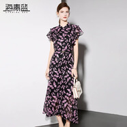 海青藍(lán)時(shí)尚蝴蝶印花連衣裙女2024夏季新款立領(lǐng)洋氣收腰顯瘦中長(zhǎng)裙 紫色 XL