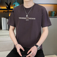 花花公子（PLAYBOY）T恤男士夏季圓領(lǐng)純棉短袖T恤韓版修身字母刺繡半袖體恤潮流夏裝 棕紅色 2XL
