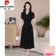 皮爾卡丹（pierre cardin）夏季丁達(dá)爾風(fēng)純色時(shí)尚氣質(zhì)顯瘦松緊腰輕奢長裙連衣裙961 黑色 2XL 130145斤