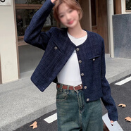 小野七天韓版時尚氣質(zhì)短款小香風(fēng)外套女2025年春秋季新款寬松顯瘦時髦上衣 短款小香風(fēng)外套【藏青色M】
