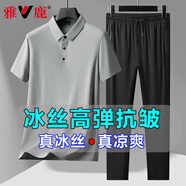 雅鹿短袖t恤男夏季兩件套冰絲半袖上衣服彈力中年涼感polo領(lǐng)爸爸男裝 灰色+長(cháng)褲 XL 建議125-140斤
