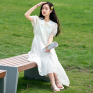 紫洛妮少女連衣裙仙氣超仙森系初中學(xué)生夏裝大童高中女生夏季白色公主裙 米白 XL