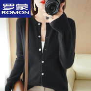 羅蒙（ROMON）時(shí)髦春秋外搭針織開衫女圓領(lǐng)外套毛衣春秋新款寬松時(shí)尚短款羊毛衫 黑色 L