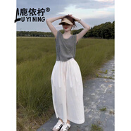 鹿依檸休閑褲女裝套裝2025夏季新款韓系時尚氣質(zhì)減齡度假風(fēng)闊腿九分褲子 灰色上衣+白色褲子 XL