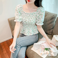 Radinka2025夏新款韓版時(shí)尚鉤花蕾絲拼接V領(lǐng)雪紡衫女短袖上衣寬松潮SRD 甜美高腰碎花綠色 XL