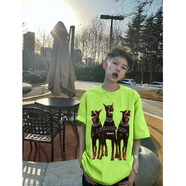 蘇愚100%純棉夏季街頭三只杜賓犬美式玫紅高街情侶短袖T恤男女寬松上 180克-熒光綠 3XL 建議160-185斤