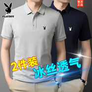 花花公子短袖T恤男夏季冰絲POLO衫時(shí)尚百搭翻領(lǐng)打底衫舒適透氣上衣服男裝 淺灰+藏青【2件裝】冰絲透氣 L 【建議100-115斤】