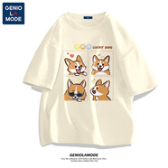 GENIOLAMODE正肩短袖潮流男t恤夏季寬松休閑百搭青少年純棉圓領(lǐng)男生半袖體恤 淺米色(墨鏡柯基) M /170