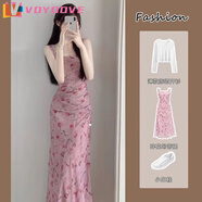 VOYDOVE溫柔風(fēng)收腰碎花吊帶連衣裙套裝女夏季薄款防曬開衫紗網(wǎng)長(zhǎng)裙兩件套 小香風(fēng)單件連衣裙【z】 L (建議105-115斤)
