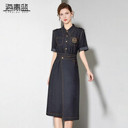 海青藍牛仔連衣裙女2025新款夏拼接時尚polo領高級設計感女裝裙 深藍色 S