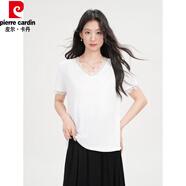 皮爾卡丹（pierre cardin）韓系竹節(jié)棉睫毛v領(lǐng)蕾絲拼接短袖t恤女夏季寬松顯瘦白色上衣 白色 XL