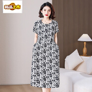 初徑中年媽媽裝棉綢連衣裙女夏季短袖中長(cháng)款寬松大碼顯 3號色 XL 90--110斤