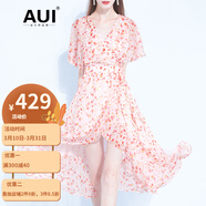 AUI法式粉色雪紡碎花連衣裙女2023年夏季新款氣質(zhì)V領(lǐng)荷葉邊中長(cháng)裙子 粉色 XS