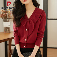 皮爾卡丹（pierre cardin）本命年紅色毛衣女秋冬2025新款荷葉邊v領(lǐng)長(cháng)袖打底針織衫上衣 TT800#復古紅 M 建議108-118斤