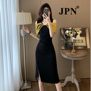 JPN香港潮牌氣質(zhì)V領(lǐng)露肩連衣裙女2025夏季新款撞色拼接假兩件包臀裙 黑拼黃色 M