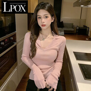 LPOX法式氣質(zhì)小眾POLO領(lǐng)針織衫女秋季打底衫毛衣女修身顯瘦上衣潮 粉色 M 建議90-100斤