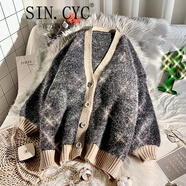 SIN.CYC女裝 針織衫女 開衫秋冬裝女士加厚毛衣慵懶風(fēng)時(shí)尚寬松外套女 灰色 均碼