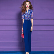 菲夢(mèng)伊藍色印花襯衫西裝連體褲女夏季垂感高腰直筒顯瘦休閑長(cháng)褲子 靛藍色 S