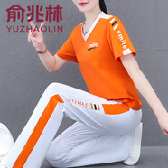 俞兆林廣場(chǎng)舞跳舞服裝運動(dòng)服套裝女夏季寬松大碼v領(lǐng)短袖休閑純棉兩件套 橙色 M 【建議80-95斤】