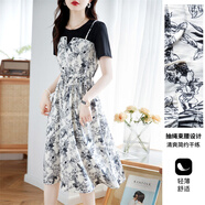 尚靜假兩件T恤拼接連衣裙夏季款氣質(zhì)收腰撞色中長(cháng)裙 黑+米色  M 