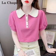 拉夏貝爾（La Chapelle）短袖T恤女裝2025年夏季新款娃娃領(lǐng)高級(jí)感上衣涼感小個(gè)子體恤衫潮 玫紅色 XL 建議120-135斤
