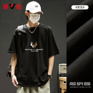 雅鹿t恤男短袖夏季新款圓領(lǐng)韓版潮牌ins半袖t恤休閑衣服男寬松體恤 黑/鹿角字母 XL （重140-150斤高170-175）