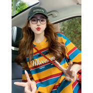 LDBE歐若風(fēng)穿搭韓版條紋短袖t恤女夏季寬松撞色美式復古上衣設計感潮 黃拼紅藍條紋 XL 【125-145斤】