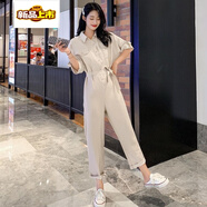 初徑2025新款港風(fēng)工裝連體褲女夏長款休閑褲小個子時尚闊腿連衣褲套裝 淺杏色 S 80-95斤
