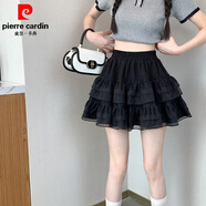 皮爾卡丹（pierre cardin）半身裙女夏季新款芭蕾風(fēng)白色蛋糕短裙仙女網(wǎng)紗蓬蓬裙蕾絲A字裙子 黑色 M