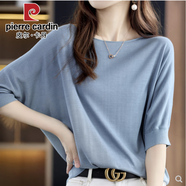 皮爾卡丹（pierre cardin）夏季新款圓領(lǐng)冰絲短袖女寬松慵懶風(fēng)蝙蝠衫T恤薄洋氣中袖上衣大碼 2024藍色2025 2XL