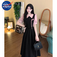 NASAWASSUP初高中生夏季學(xué)院風(fēng)假兩件連衣裙女生甜美風(fēng)修身長(cháng)裙顯瘦減齡裙子 粉拼黑連衣裙 M 80-100
