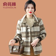 俞兆林（YUZHAOLIN）中年媽媽秋冬裝格子毛呢翻領(lǐng)上衣中老年女新款洋氣短款小香風(fēng)外套 淡咖色 XL (參考90-105斤)