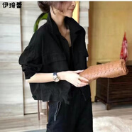 伊琦蕾（YIQILEI）牛仔外套女短款春秋季長(cháng)袖短外套顯瘦時(shí)尚工裝牛仔衣夾克百搭上衣 黑色(高品質(zhì)) L 建議120-130斤