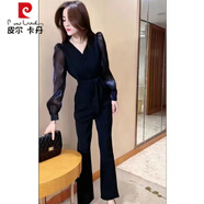 皮爾卡丹（pierre cardin）2025春季新款綁帶設計感V領(lǐng)連體褲中長(cháng)款顯瘦氣質(zhì)闊腿褲長(cháng)褲女 黑色連體褲 M
