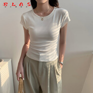 RLAS白色圓領(lǐng)短款短袖t恤女夏季 2025新款設計感小眾正肩高腰收腰上衣 白色 S 【85斤以下】