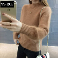 NY-RCE仿水貂絨毛衣女新款秋冬短款套頭加絨加厚針織衫寬松打底衫潮 不加絨-焦糖色-不掉毛 S