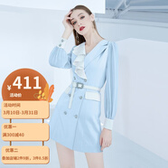 AUI 西裝連衣裙女2022年新品氣質時尚職業(yè)裝外套女裝女神范西服裙子 藍白色 S