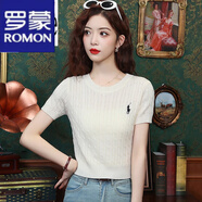 羅蒙（ROMON）短袖t恤女2025夏季新款刺繡麻花針織衫女T圓領(lǐng)學(xué)院風(fēng)修身打底T上 杏色 S