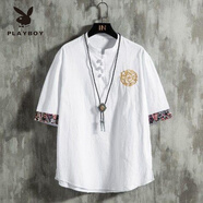 花花公子亞麻短袖t恤男夏季半袖漢服中國風(fēng)男裝古風(fēng)寬松薄款青年唐裝上衣 白色 YM51短袖 M