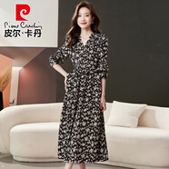 皮爾卡丹（pierre cardin）女裝連衣裙女士早春秋款2025新款時(shí)尚小個(gè)子顯瘦碎花裙子 黑色 M (95-104斤)