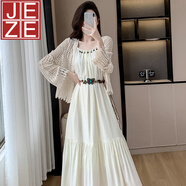 JEZE波西米亞吊帶連衣裙女兩件套裝女夏季新款法式超仙森系套裝 杏色罩衫+吊帶裙(含腰帶)【z】 M